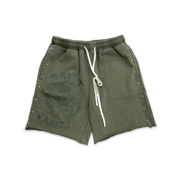 gs.webp Saint Vanity Terry Studded Logo Shorts "Olive" - Image 1
