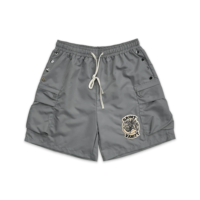 gs_f1eaba11-575b-4bf1-b073-ebfd07281e3f.webp Saint Vanity Logo Cargo Nylon Shorts "Grey" - Image 1