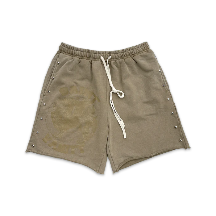 s2_c6d72a13-e682-40db-abba-f93a0cc4e904.webp Saint Vanity Terry Studded Logo Shorts "Sand" - Image 1